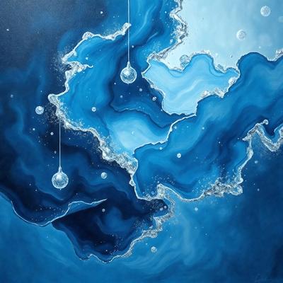 The primary subject of the image is a painting of a blue ocean with a few bubbles floating in it. The setting is a dark blue background, and the visual style appears to be a digital art or illustration. The dominant colors in the painting are blue and white, creating a serene and calming atmosphere.